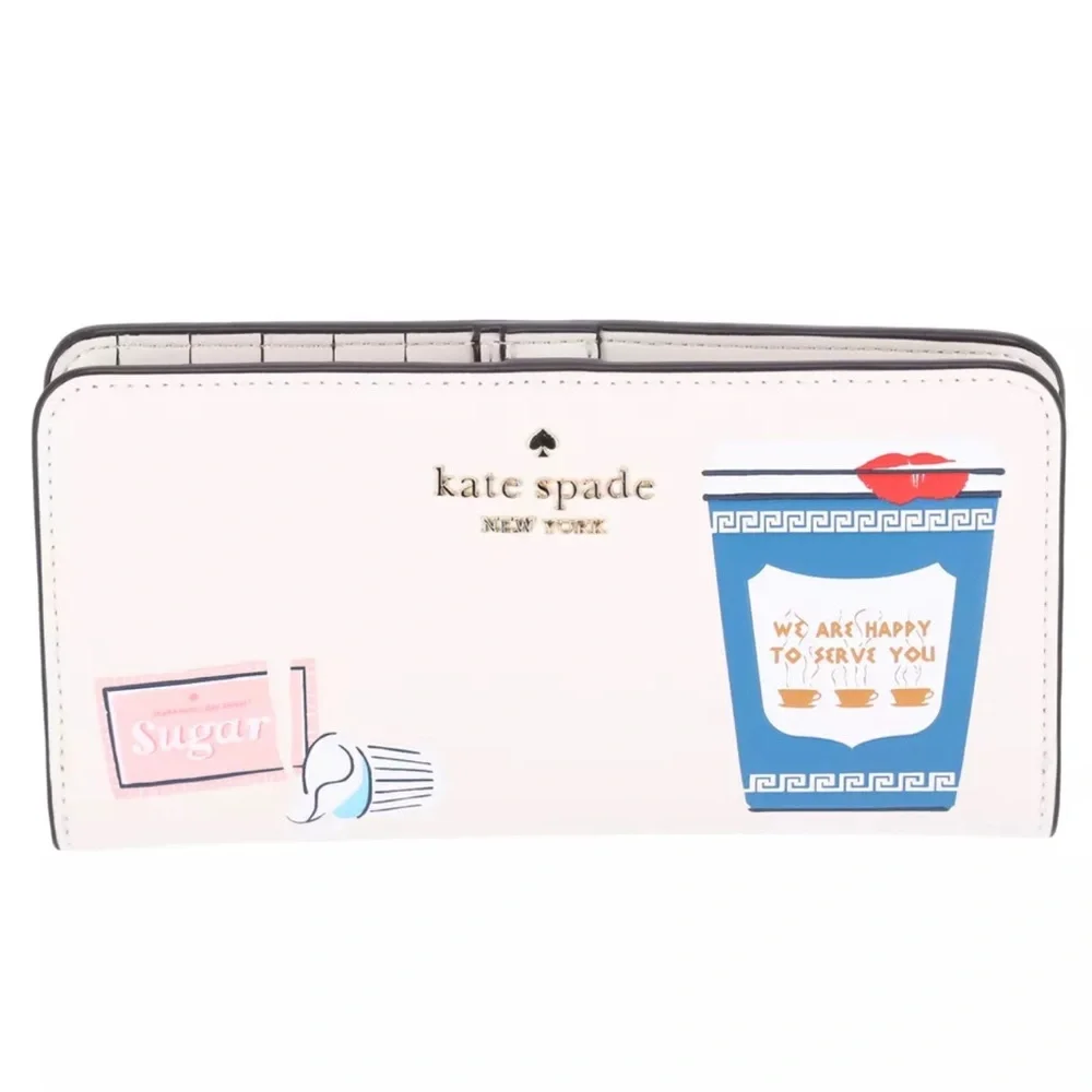 Kate Spade Coffee Break Large Slim Bifold Wallet Leather Cream Multi